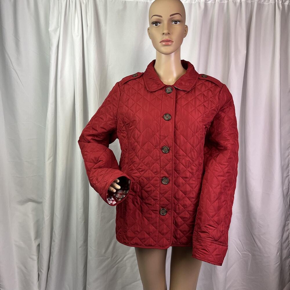 Croft & Barrow Jacket Womens Large Red Quilted Button Front Plaid Lined Coat